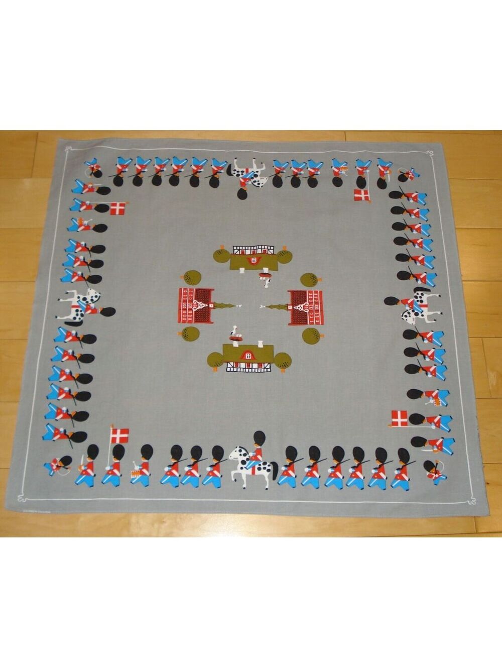 Vintage "Danish Design" Small Grey Tablecloth With Flag, Soldiers & Buildings